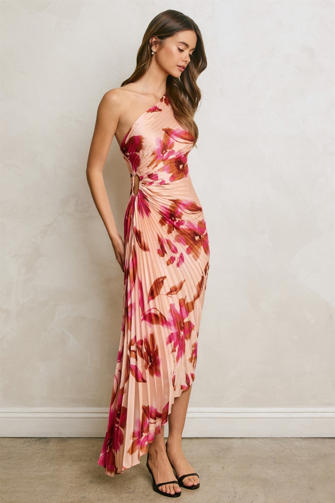 Lucinda Sleeveless One Shoulder Pleated Floral Print Maxi Dress Pink