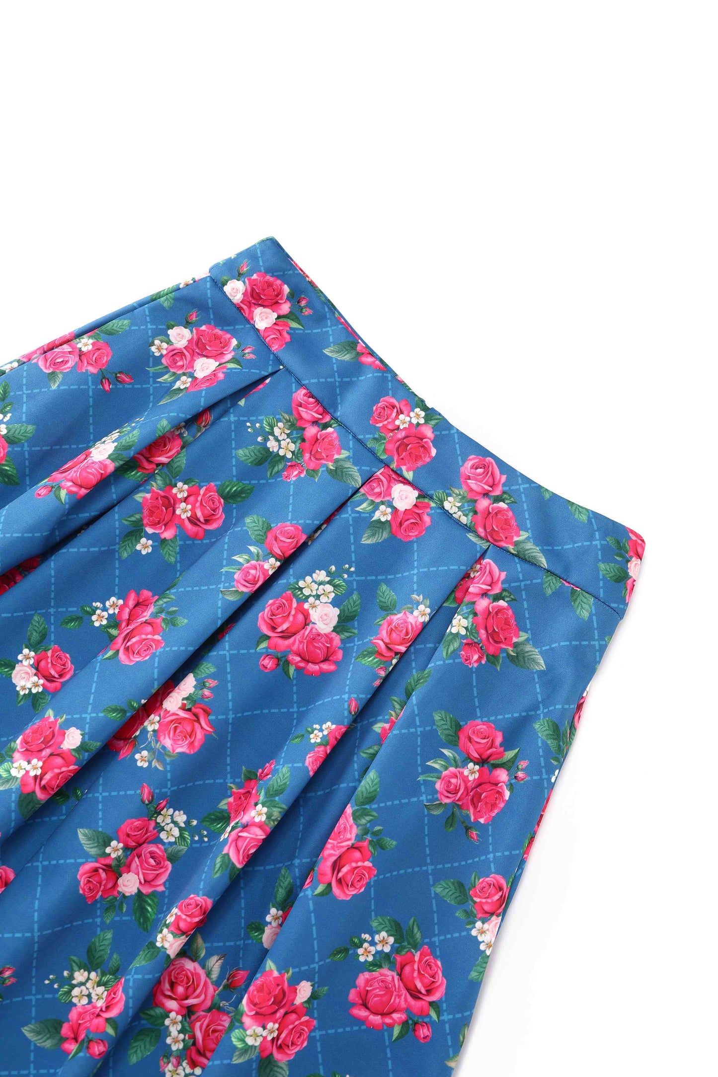 Aisley Blue Rose Pleated Midi Skirt