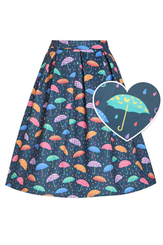 Aisley Blue Rainy Day Umbrellas Midi Skirt