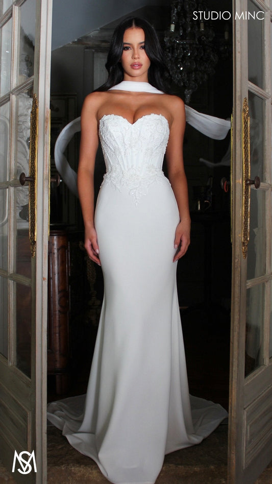 August - White Wedding Dress | Beaded Corset Fitted Mermaid Neck Scarf