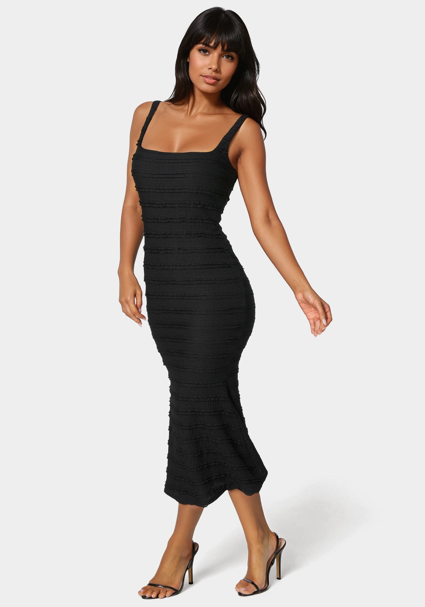Square Neck Fluted Hem Midi Dress