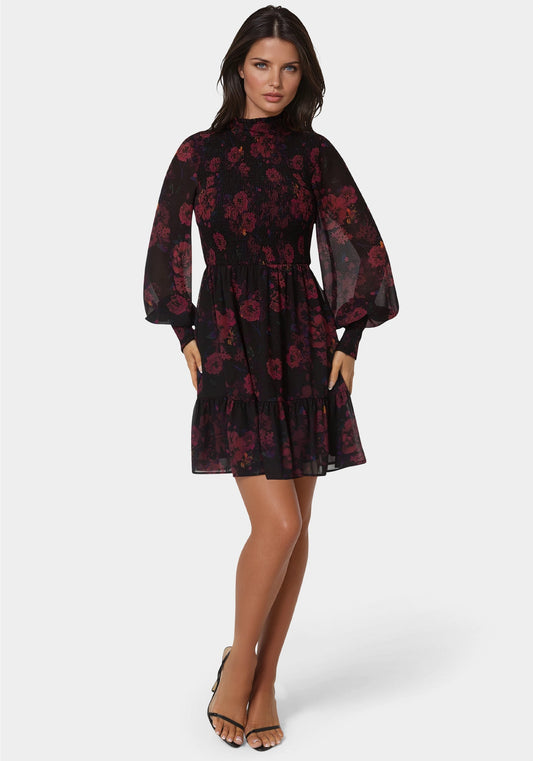 Long Sleeve Mock Neck Chifon Smocked Mini Dress