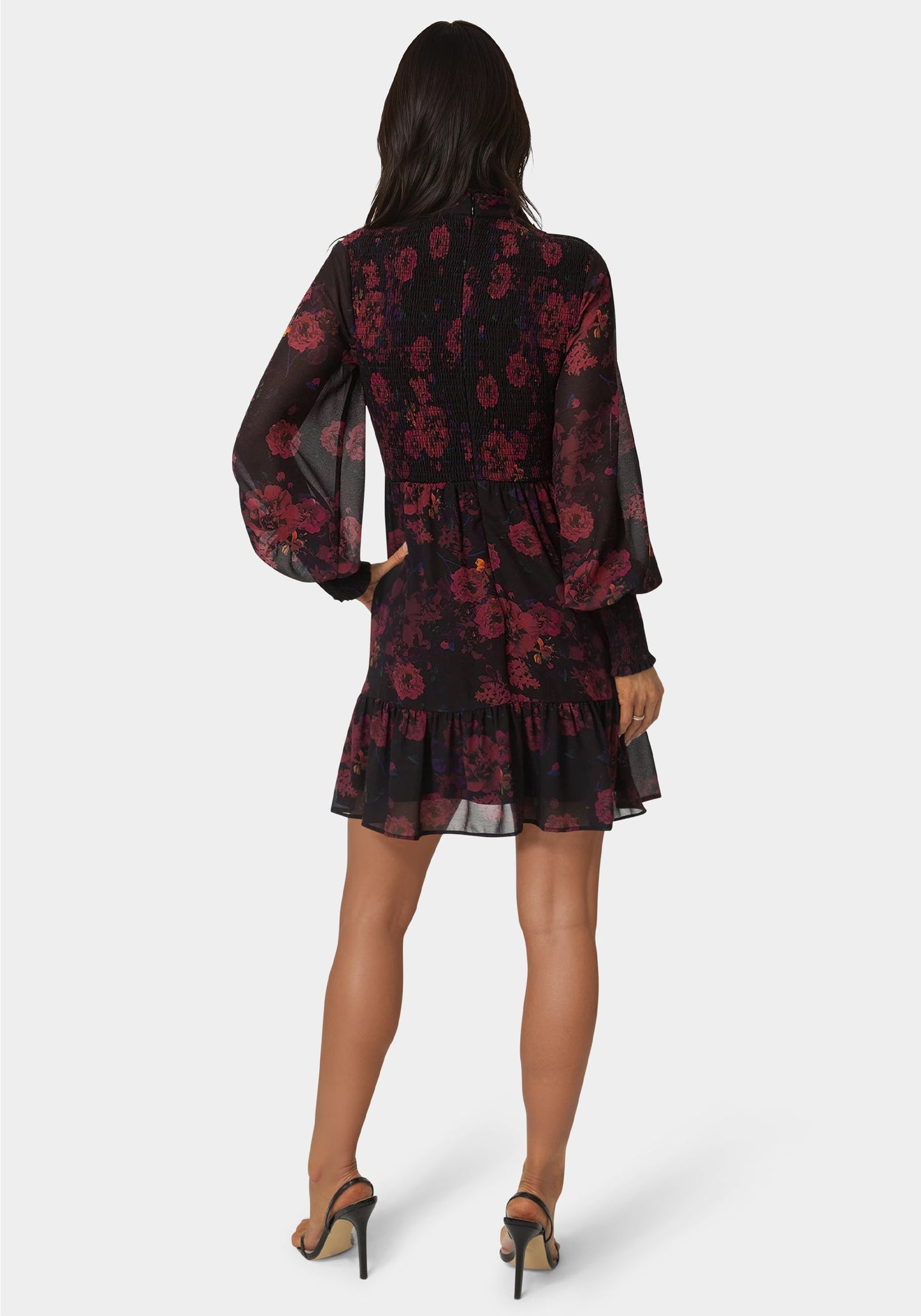 Long Sleeve Mock Neck Chifon Smocked Mini Dress