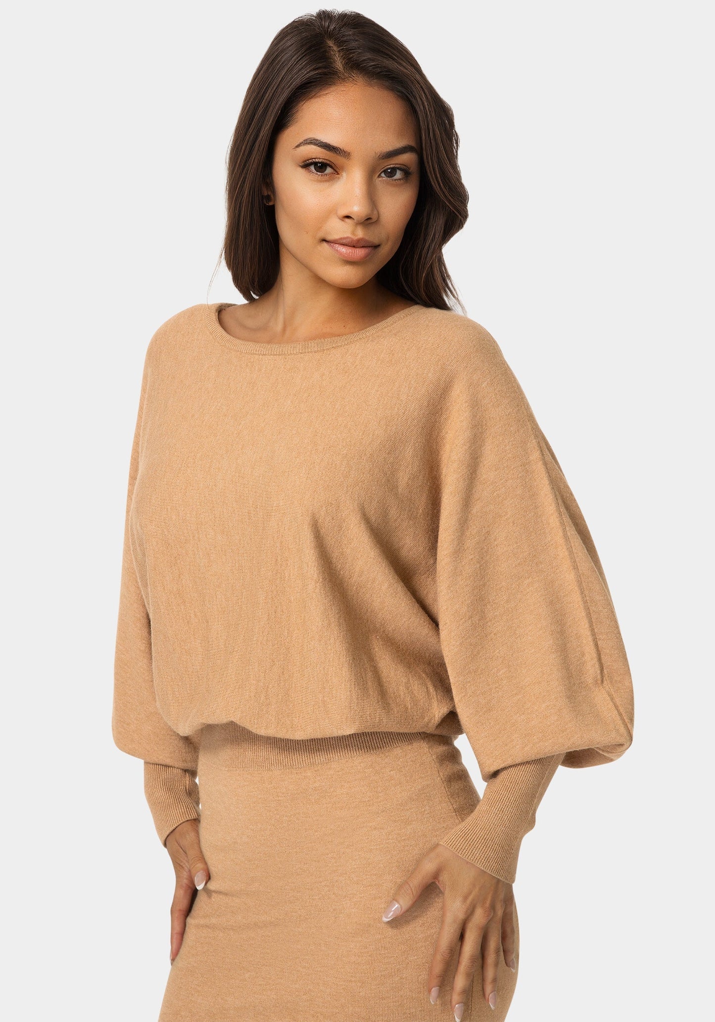 Scoop Neck Blouson Sweater Midi Dress