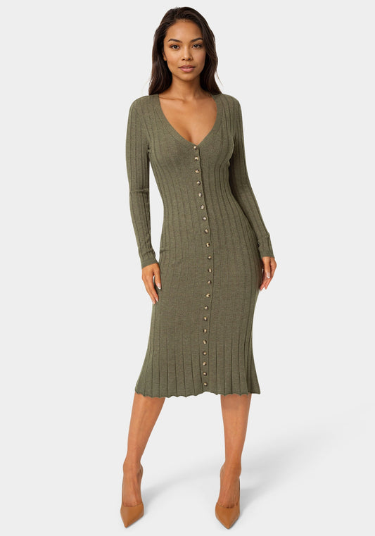 Button Front V-Neck Sweater Midi Dress