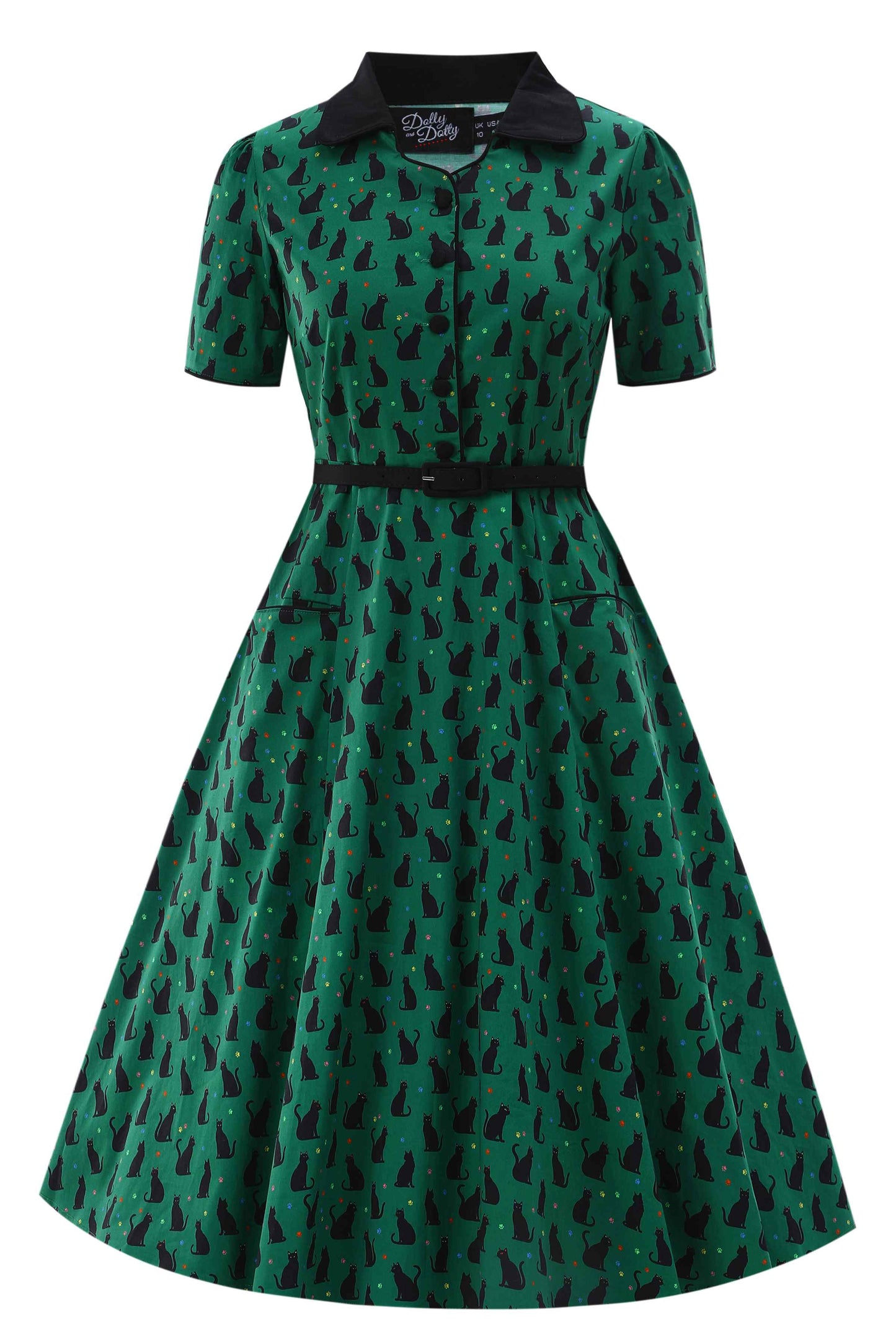 Mabel Black Cat Midi Shirt Dress In Green