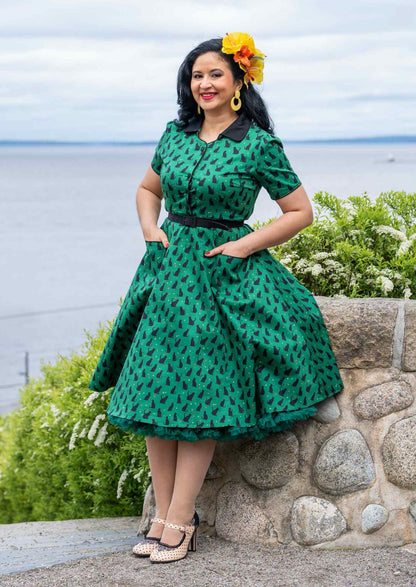 Mabel Black Cat Midi Shirt Dress In Green