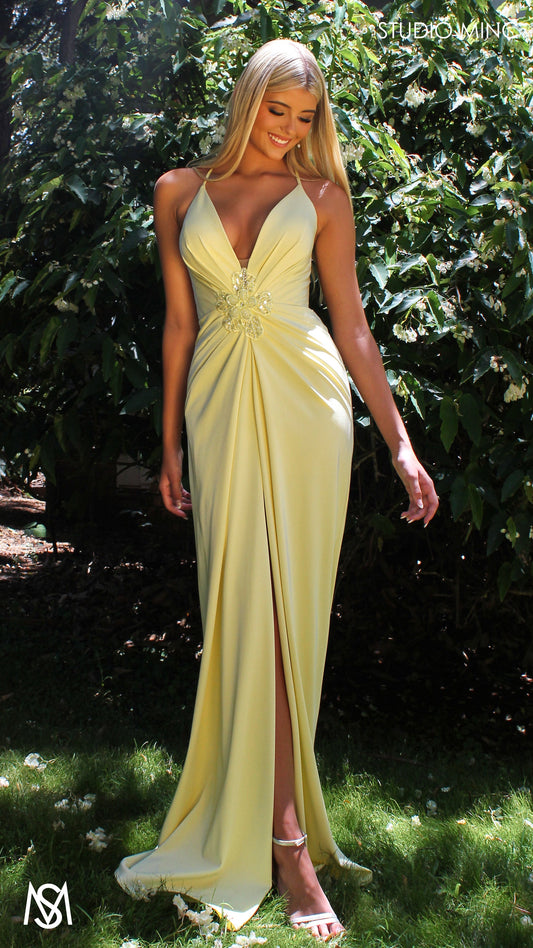 Bloom - Light Yellow Formal dress | Plunge V neckline draping floral pearl detail
