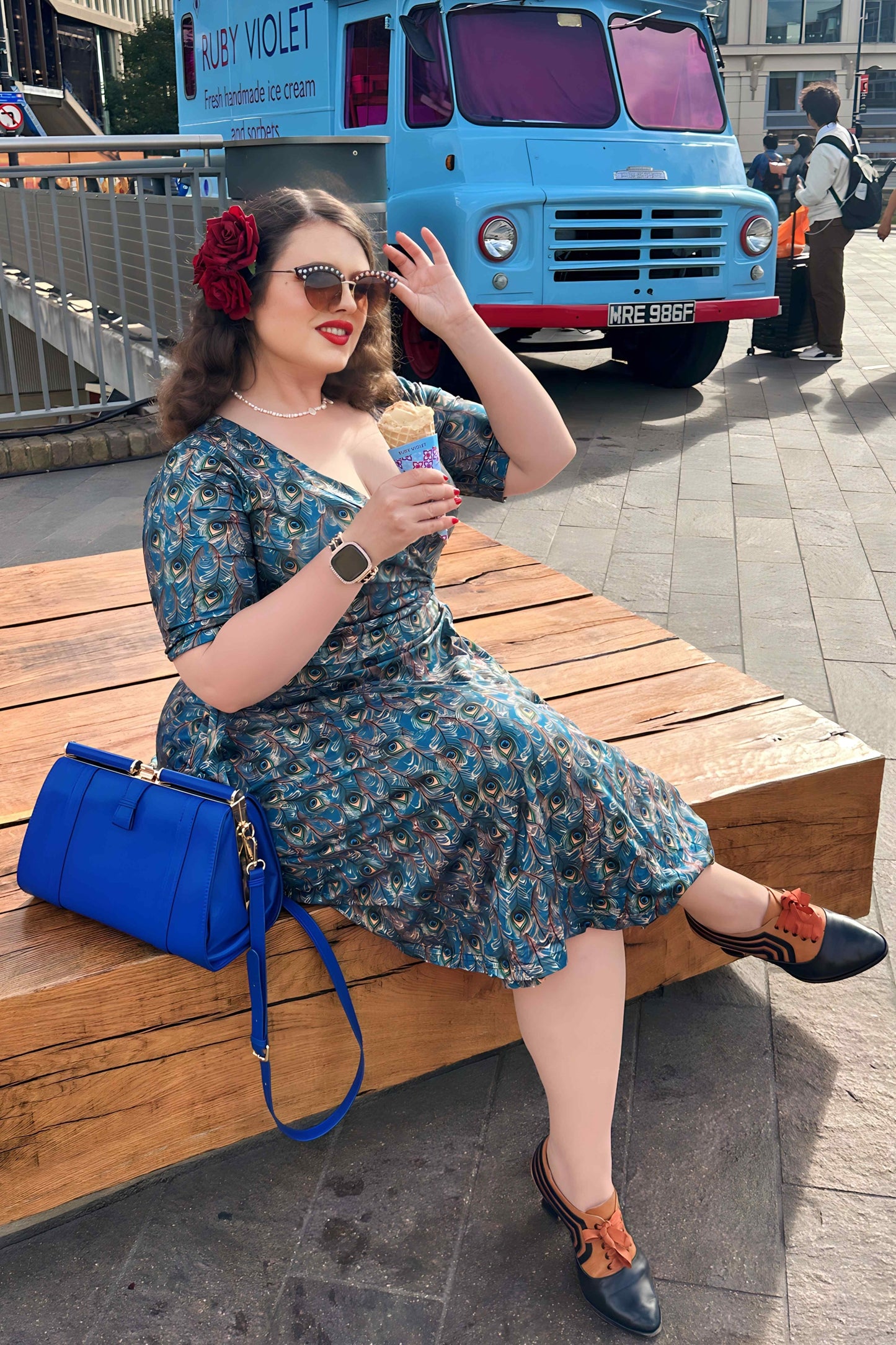Matilda Blue Peacock Feather Wrap Dress