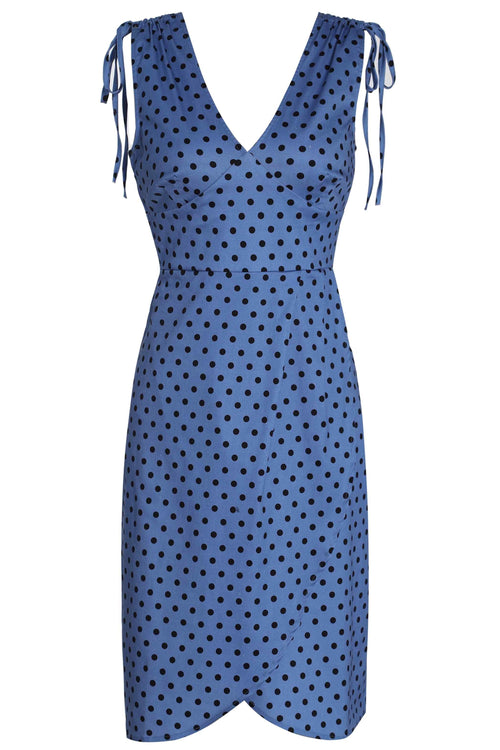 Adela Sleeveless Wiggle Dress in Blue Polka Dot Print