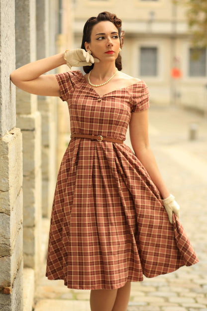 Lily Burgundy Tartan Off Shoulder Swing Dress