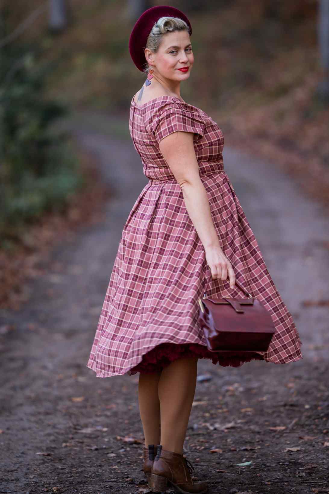 Lily Burgundy Tartan Off Shoulder Swing Dress