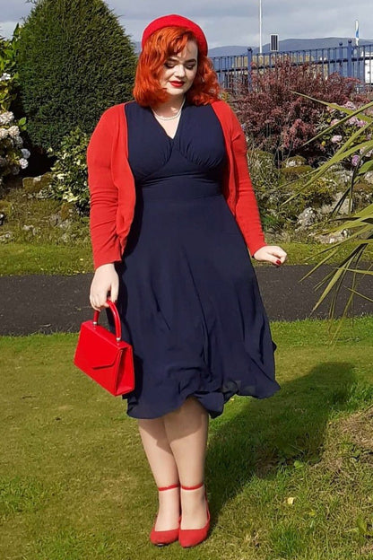 Elise 40's Balloon Sleeved Chiffon Dress in Royal Blue