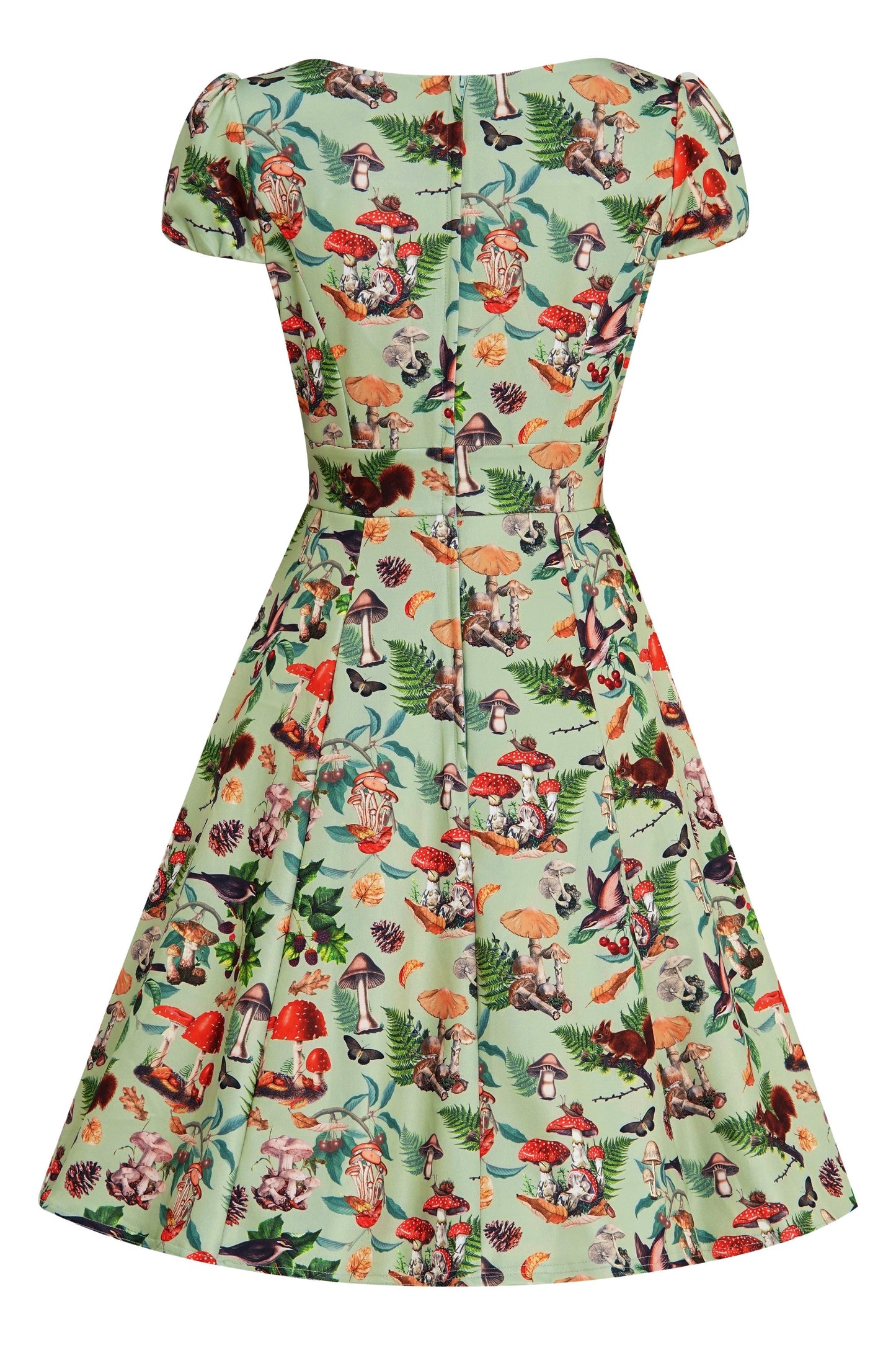 Claudia Cap Sleeved Dress in Mushroom, Squirrels Forest Print