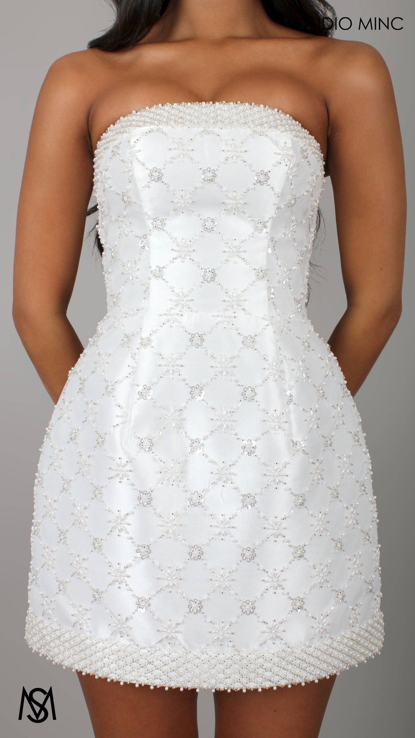 Celestial - White Bridal Mini Dress | Pearl Beaded Strapless Corset Fitted Satin