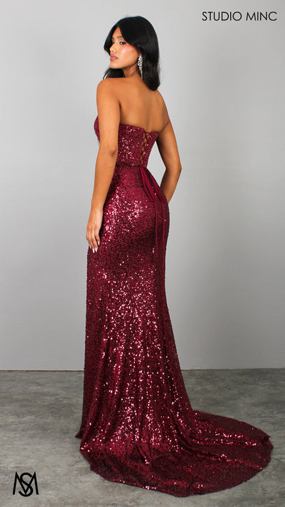 Elision - Cherry Red Formal Dress, Sequin and beaded Strapless corset, drop-waist fitted silhouette high leg slit