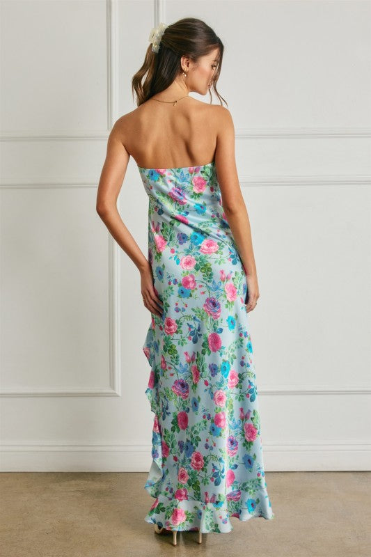 Waitlist 6/25 • Araceli Sleeveless Asymmetrical Floral Print Maxi Dress Blue