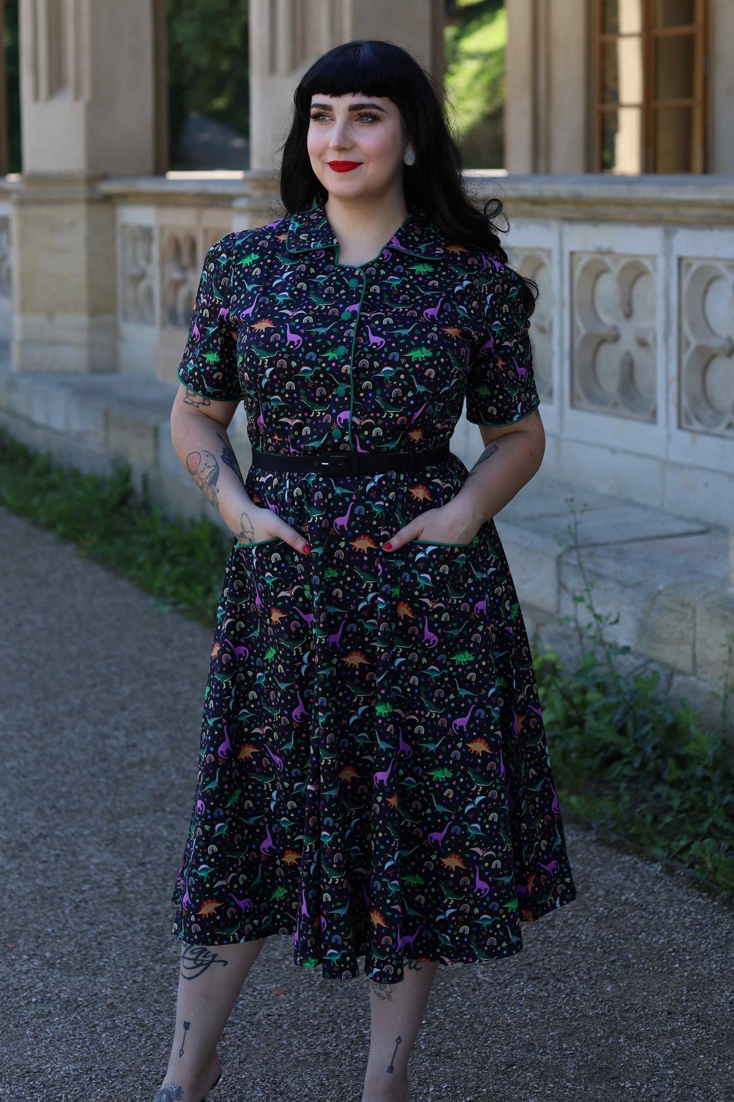 Mabel Dinosaur & Rainbow Midi Shirt Dress In Black