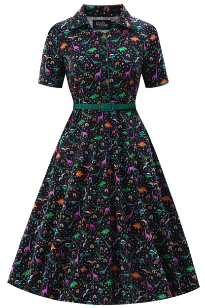 Mabel Dinosaur & Rainbow Midi Shirt Dress In Black