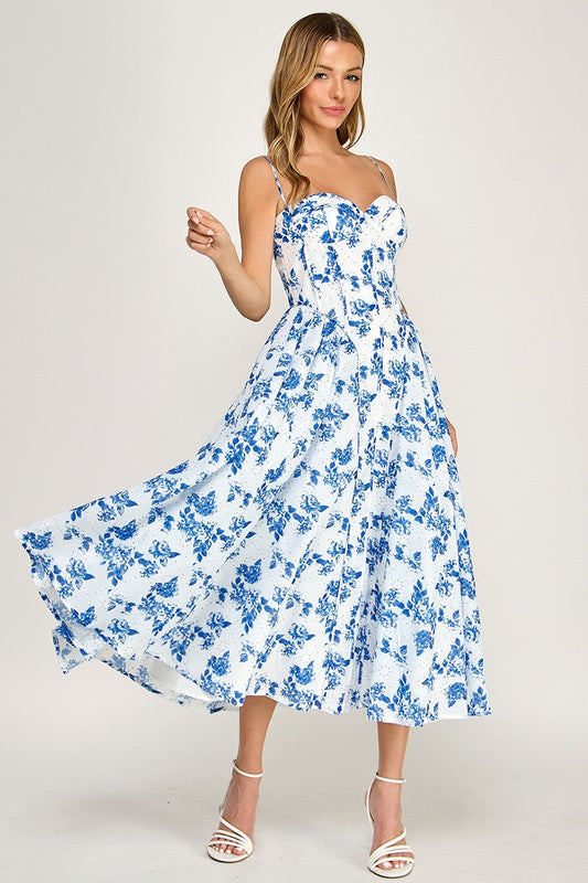 Trish Sleeveless Vintage Floral Print Midi Dress Blue