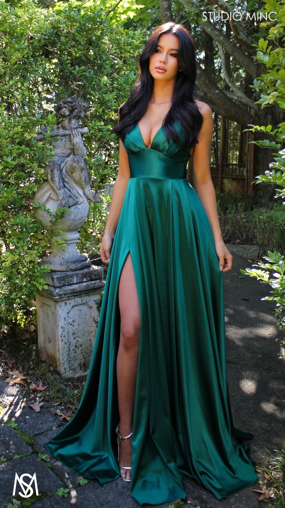 Timeless - Emerald Green formal dress | V neckline, backless A-line Satin Gown with Pockets