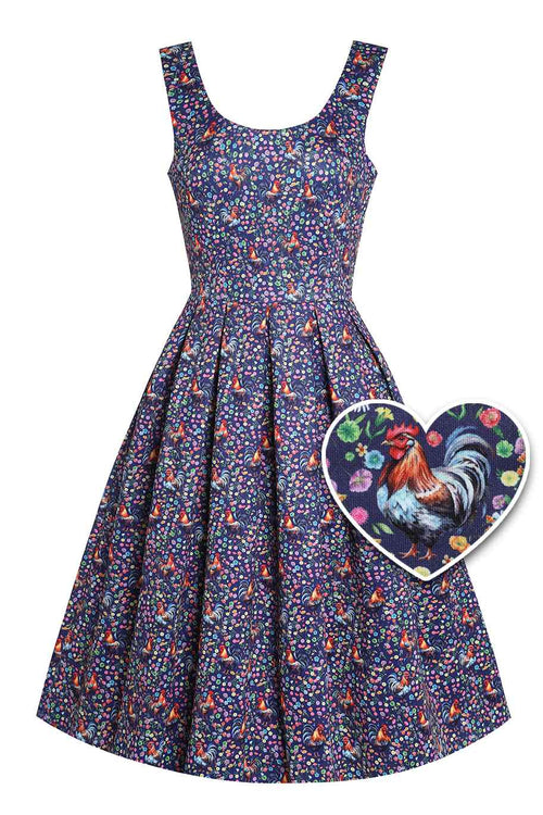 Amanda Flared Dress in Purple Floral Rooster Print