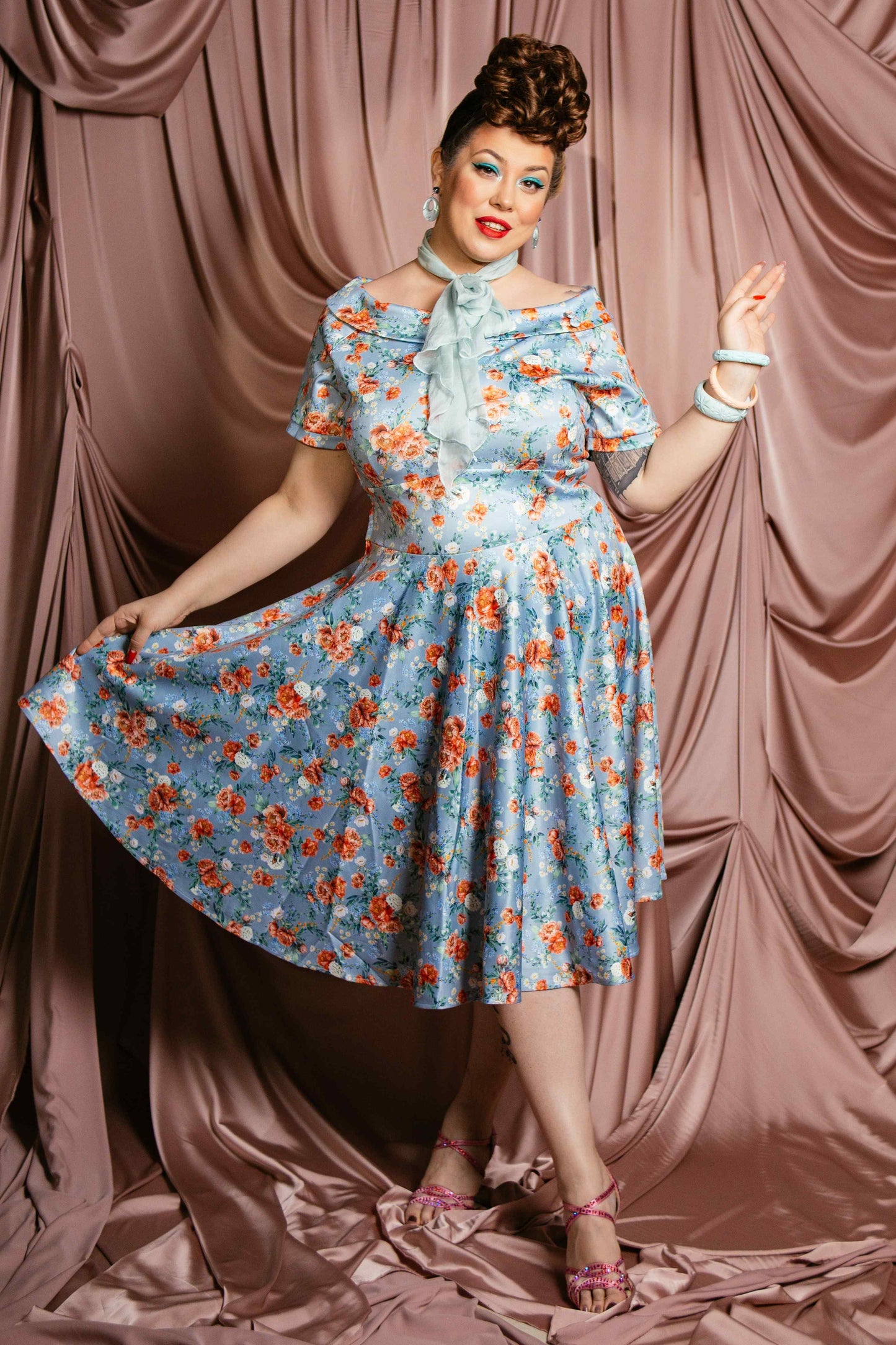 Darlene Blue Floral Off Shoulder Dress