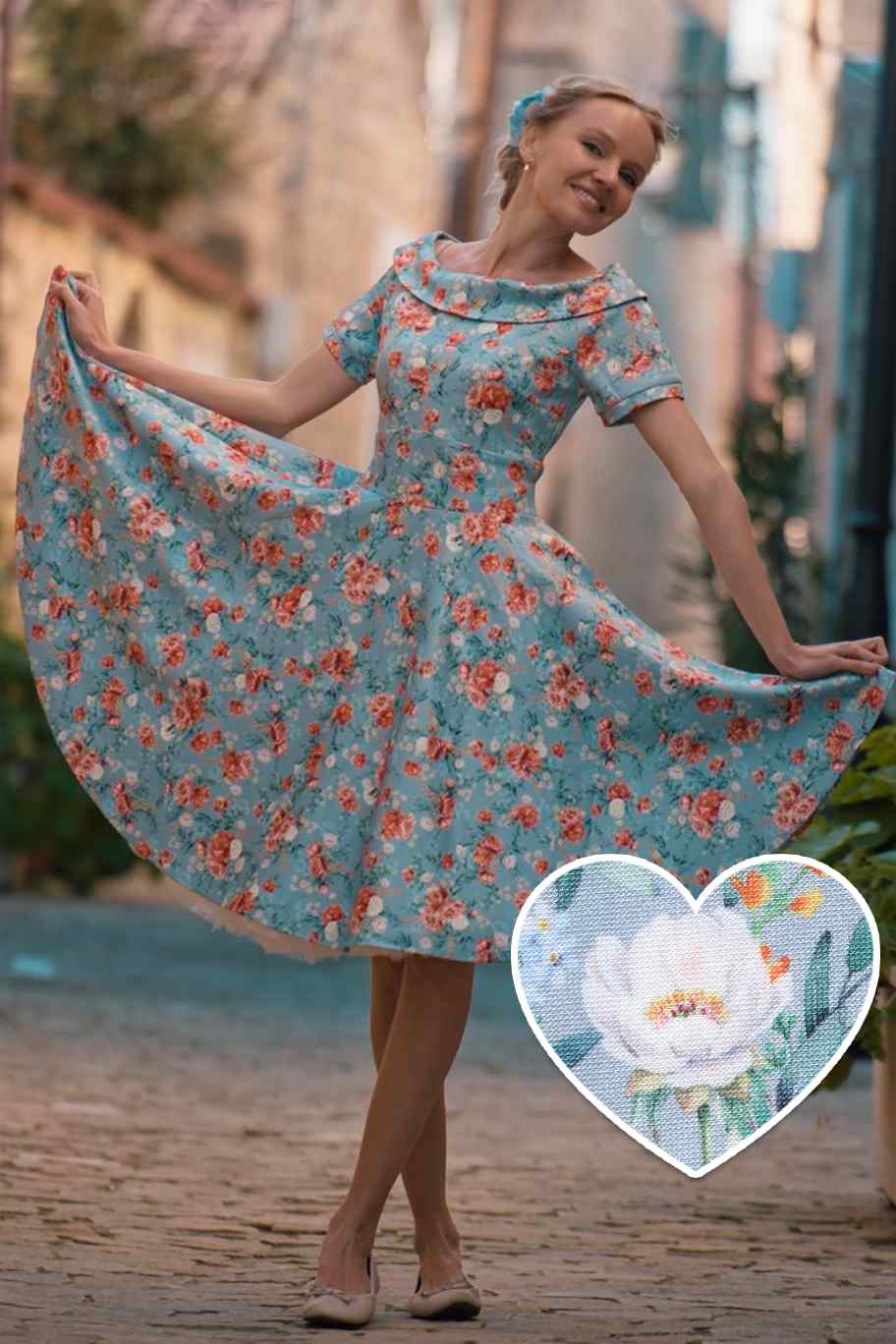 Darlene Blue Floral Off Shoulder Dress