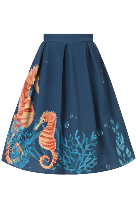 Aisley Seahorse Box Pleated Skirt In Blue
