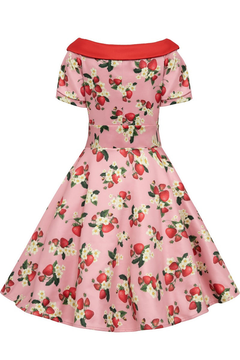 Girls Darlene Flared Dress in Pink Strawberries