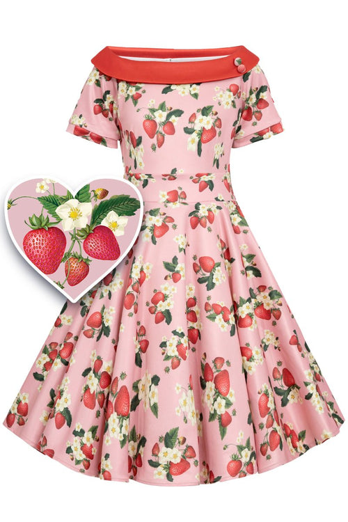 Girls Darlene Flared Dress in Pink Strawberries