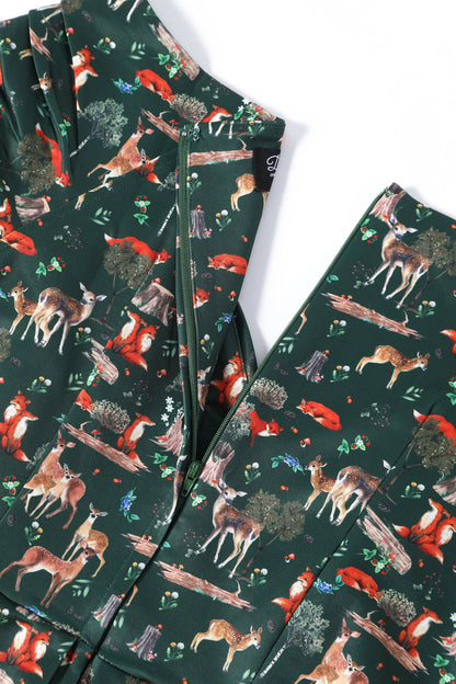 Lily Green Fox & Deer Print Off Shoulder Dress