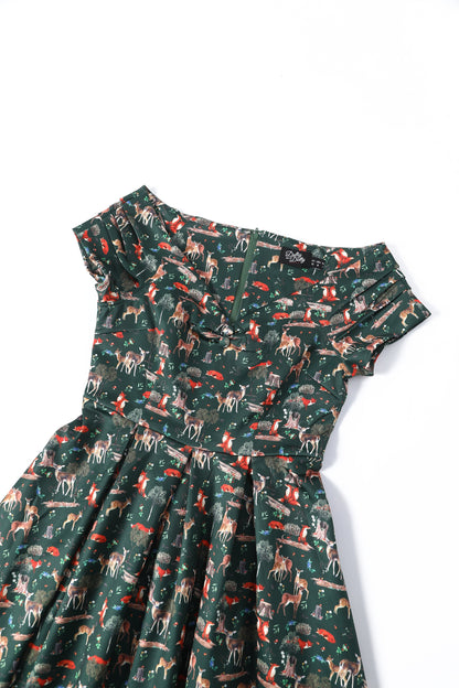 Lily Green Fox & Deer Print Off Shoulder Dress