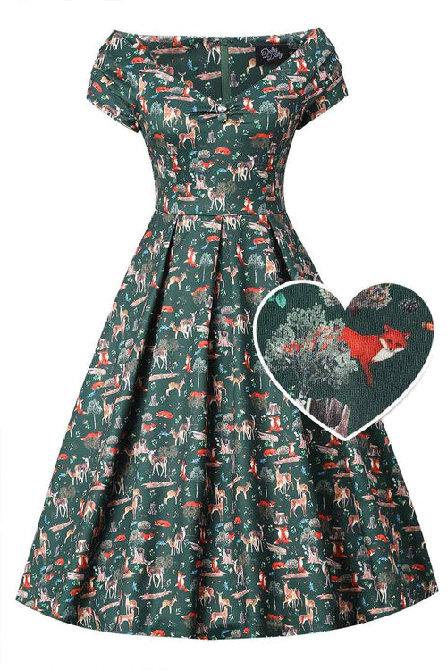 Lily Green Fox & Deer Print Off Shoulder Dress