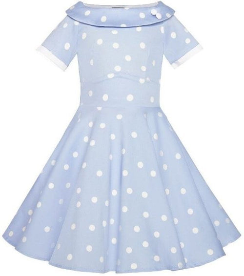 Girls Vintage Inspired Darlene Polka Dot Swing Dress In Baby Blue-White