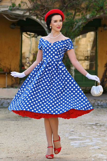 Lily Navy Blue Polka Dot Off Shoulder Dress