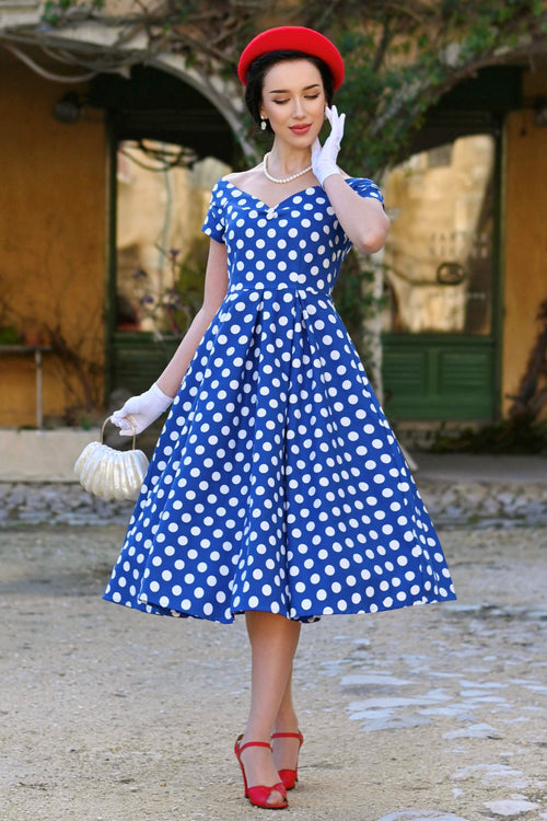 Lily Navy Blue Polka Dot Off Shoulder Dress