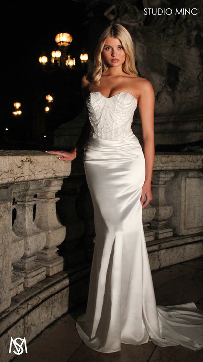 Lumiere - White Wedding Dress | Beaded Corset Satin Fitted Draped Mermaid Skirt