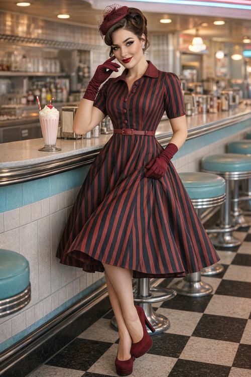 Mabel Rockabilly Striped Shirt Dress In Burgundy