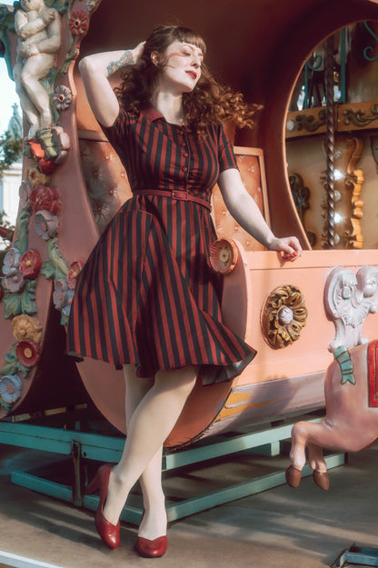 Mabel Rockabilly Striped Shirt Dress In Burgundy