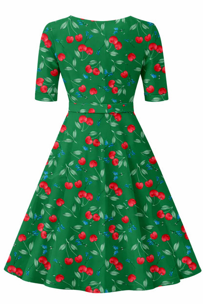 Matilda Red Cherry Wrap Dress in Emerald Green