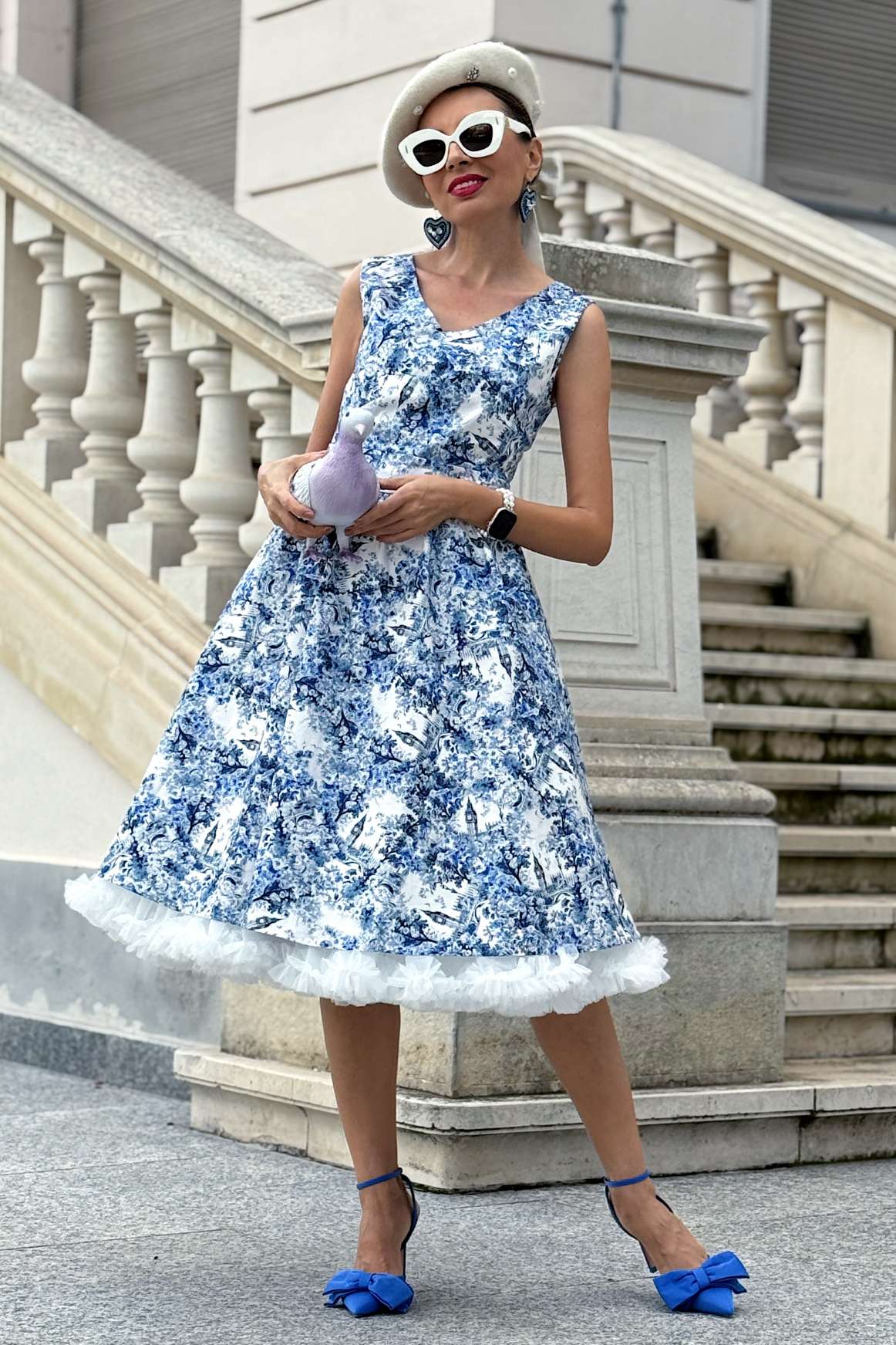 May White Crossover Bust Dress In Big Ben Print