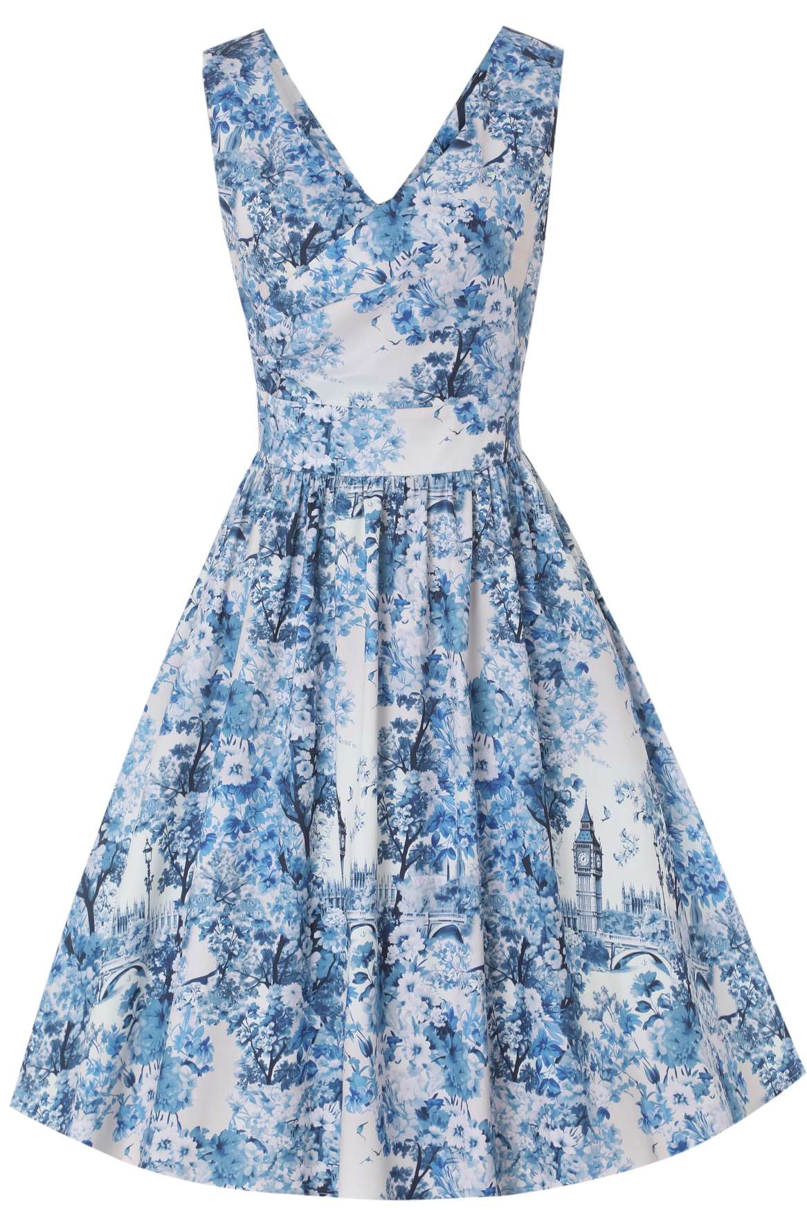 May White Crossover Bust Dress In Big Ben Print
