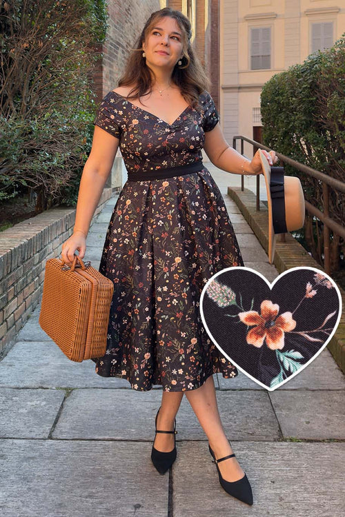 Lily Meadow Floral Black Off Shoulder Dress