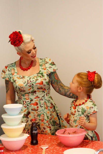 Claudia Cap Sleeved Dress in Mushroom, Squirrels Forest Print