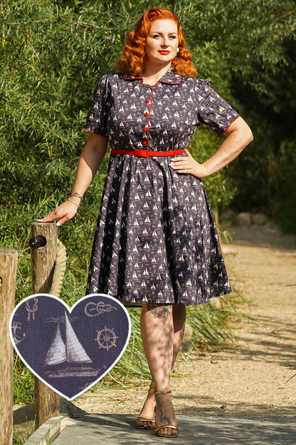Penelope Nautical Sailboat Shirt Dress in Navy Blue