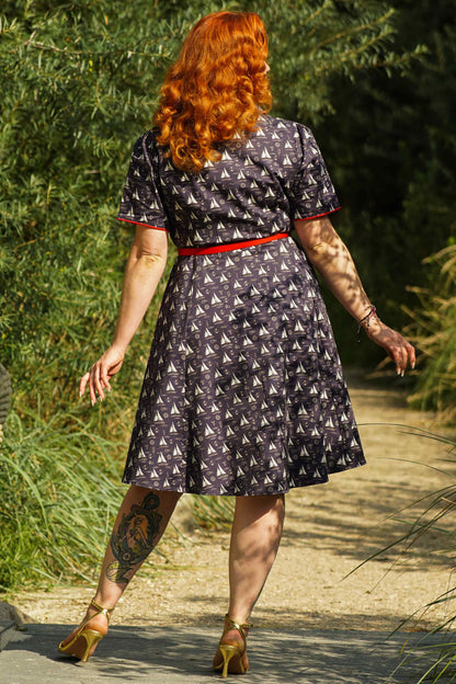 Penelope Nautical Sailboat Shirt Dress in Navy Blue
