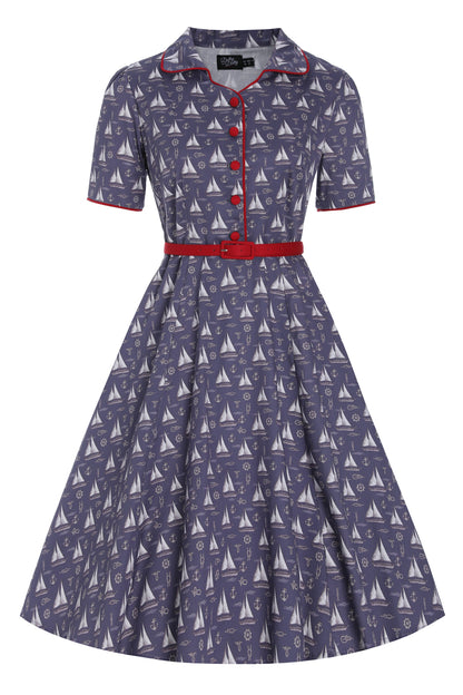 Penelope Nautical Sailboat Shirt Dress in Navy Blue