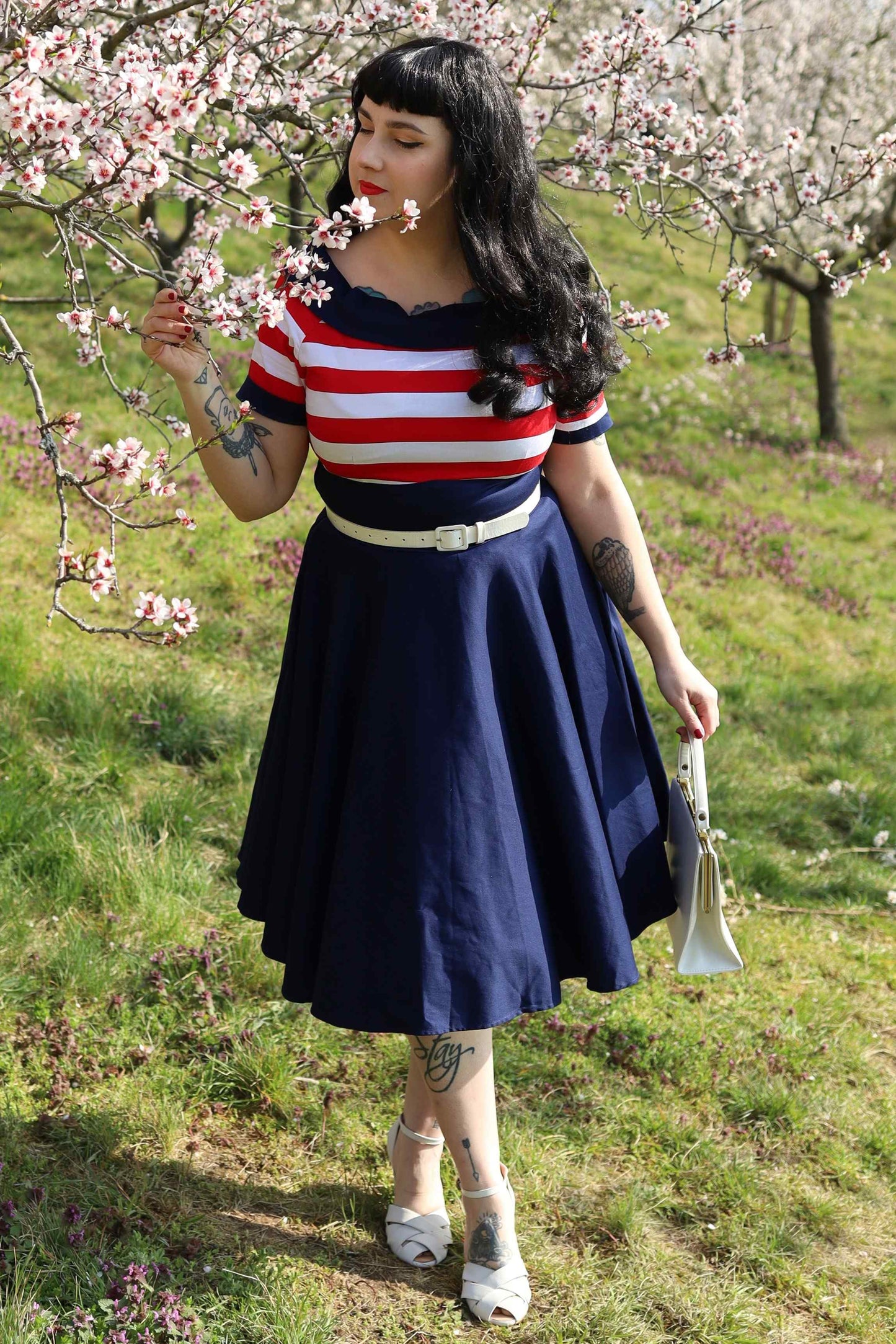 Darlene Nautical Swing Dress in Navy with Red & White Stripes