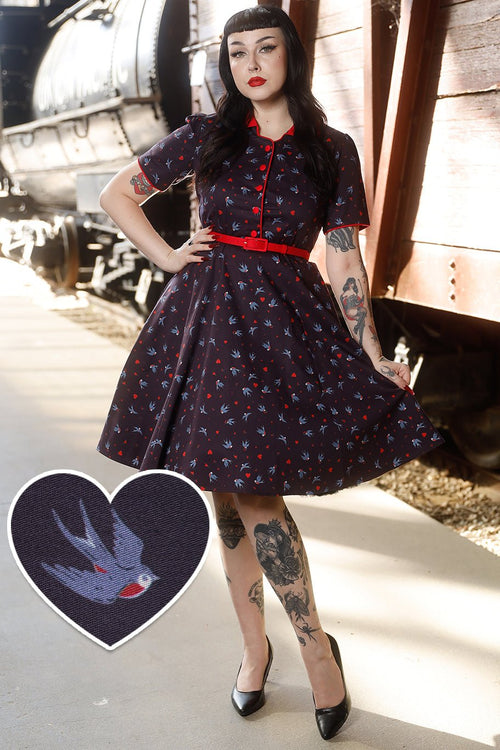 Penelope Navy Blue Swallow Shirt Dress